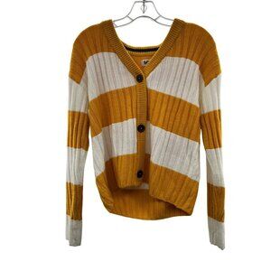 SO Knit Button Up Cardigan Yellow/White Striped V-Neck Long Sleeve Size XL